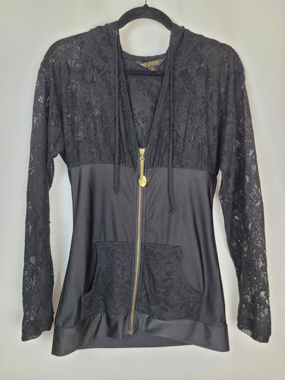 Rocawear Goth Vintage Streetwear 3/4 Zip Lace Black Hoodie Jacket Size Small
